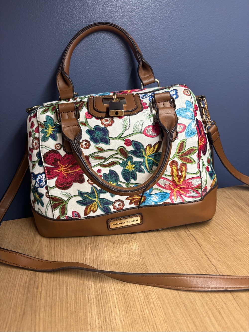 Adrienne Vittadini Floral Embroidered Satchel Tote in Brown/Cream